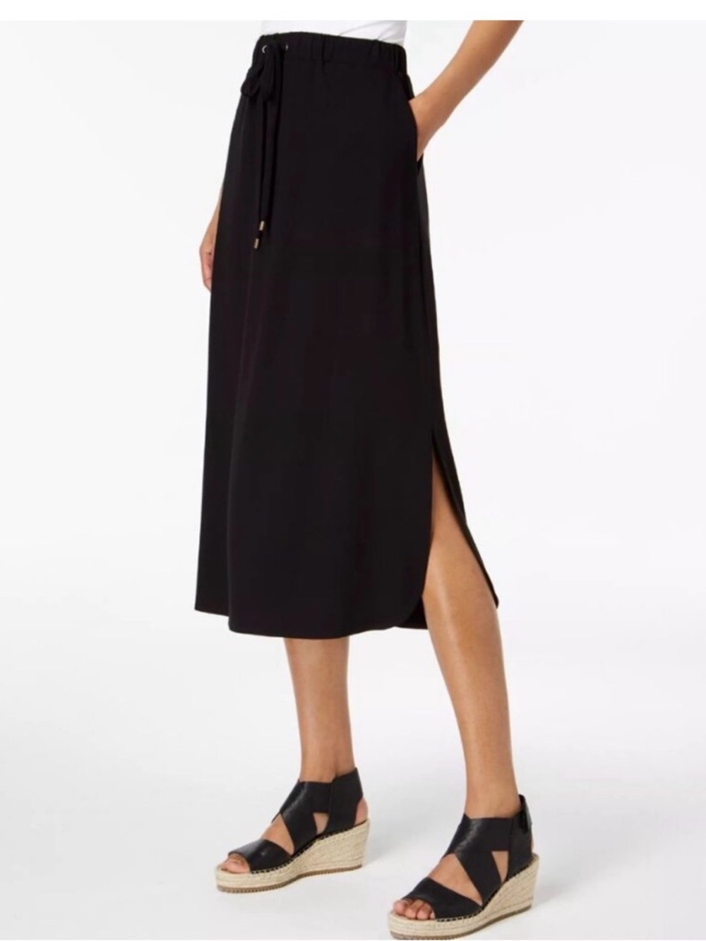 Eileen Fisher Black Midi Skirt with Drawstring Waist Vicose